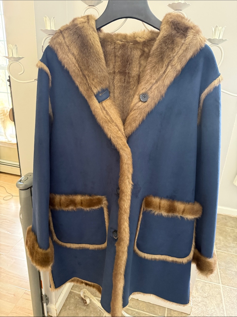 Dennis basso Blue Faux Suede reversable Coat with Brown Faux Fur Trim